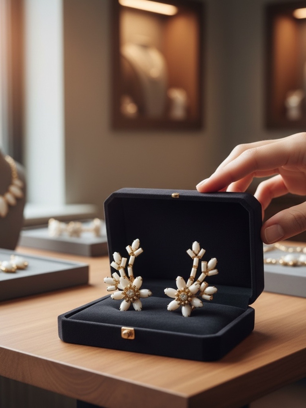 Vintage Hattie Carnegie White Milk Glass Floral Clip Earrings Gold Tone Signed
